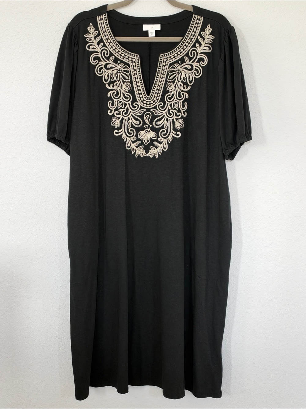 J.Jill 2X Black Embroidered Midi Dress Boho Cotton Modal Shift